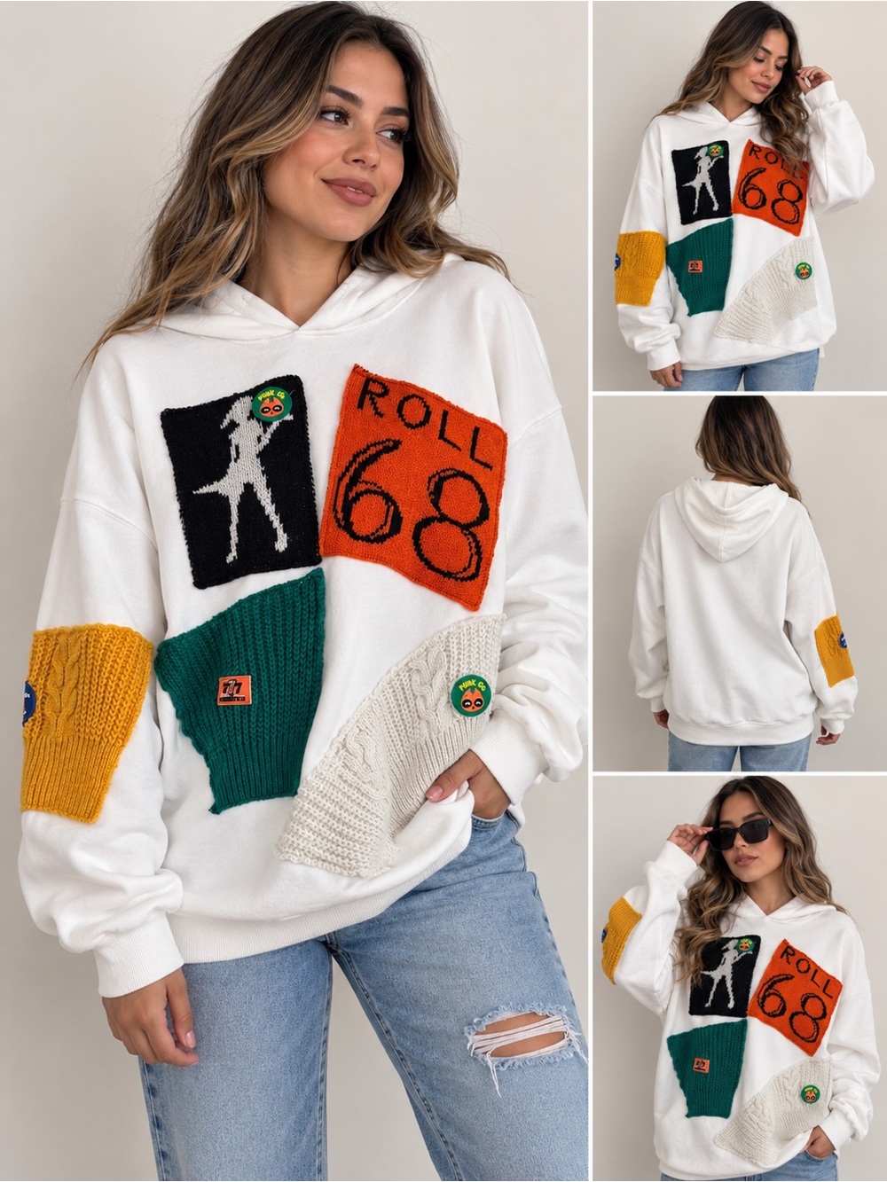 Women's White Patchwork Hoodie Sweatshirt with Green & Orange Accents
